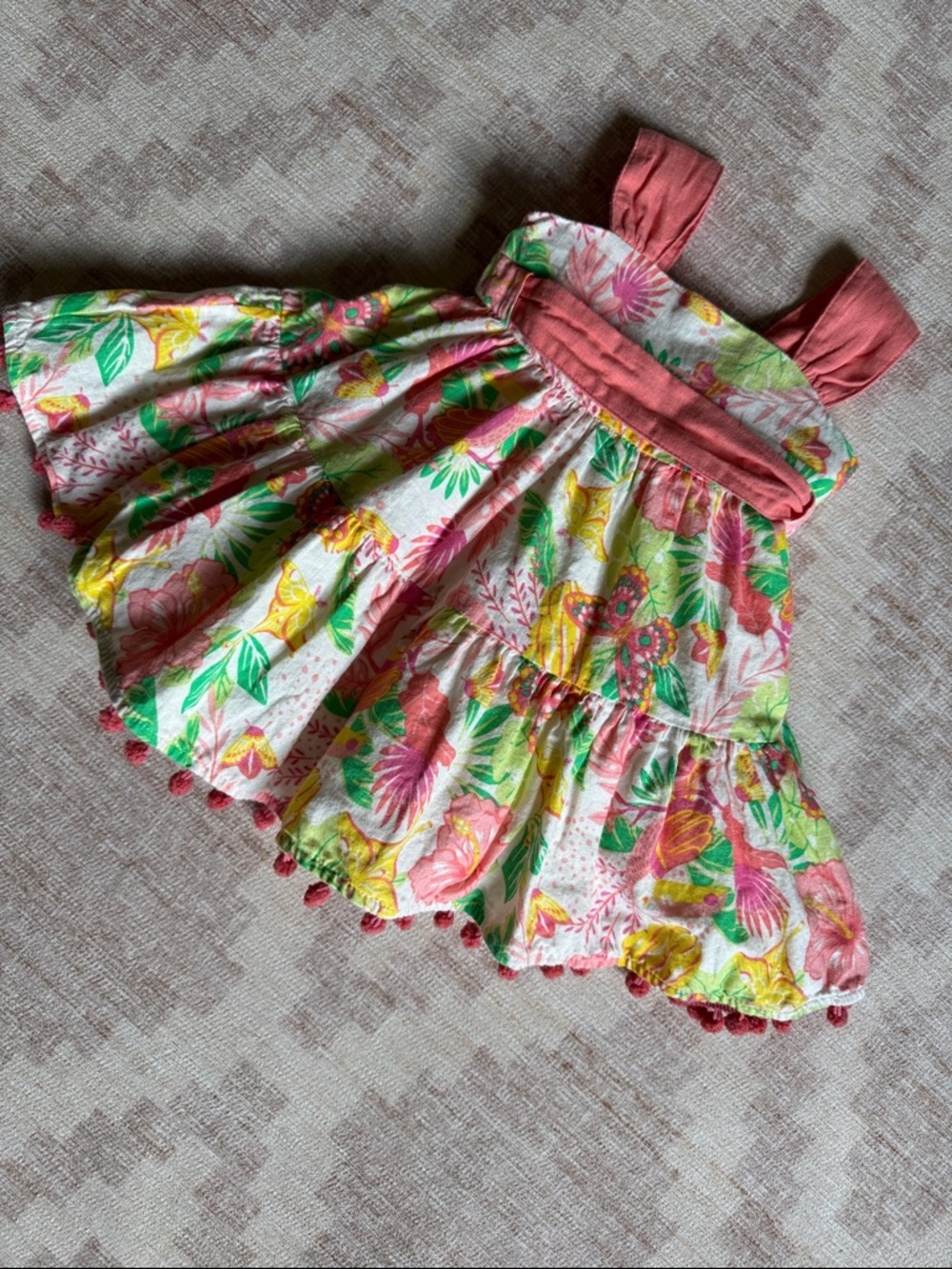Tommy Bahama Linen Coral Tropical Floral Infant Dress with Pom Trim size 12M